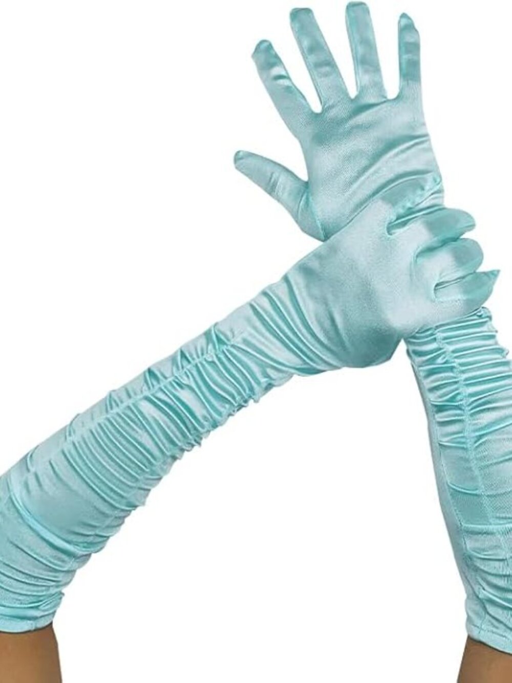 Women's Lake Blue Long Opera Party 1920s Satin Elbow Adult Stretchy Pleat Gloves